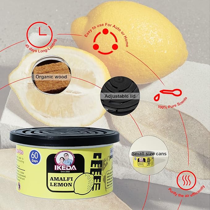 Car Air Freshener: Amalfi lemon Scent | Organic Cans | Odor Eliminator Essential | Long-Lasting | Strong Fragrance | For Home Closet | 1.5 Oz | Pack of 4