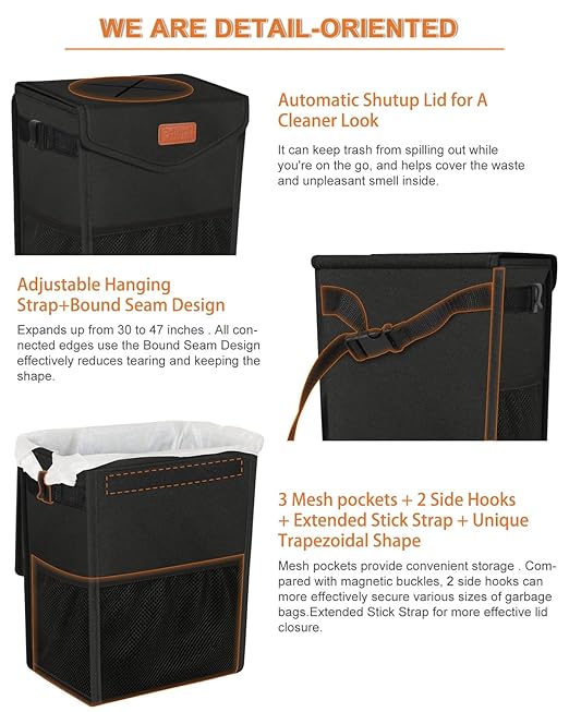 Car Trash Can with Lid, Cute Leakproof Car Trash Garbage Bag Hanging Vehicle Trash Bin Small Portable Automotive Garbage Cans Organizer for Back/Front Seat/Console(2.8 Gallons,Black)