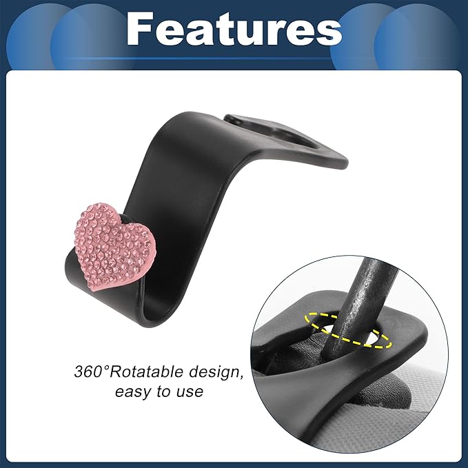 Car Seat Headrest Hook Interior Accessories for Most Car, SUV, Truck Car Seat Back Organizer Hooks Plastic Rhinestone Sturdy Pink 2.4"x1.26"