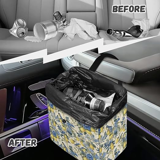 2 Gallons Open-Top Car Trash Can Hanging Car Trash Bag Water Resistant Leakproof Trash Bag Car Accessories for Women Men, Lemon Birds Floral Pattern