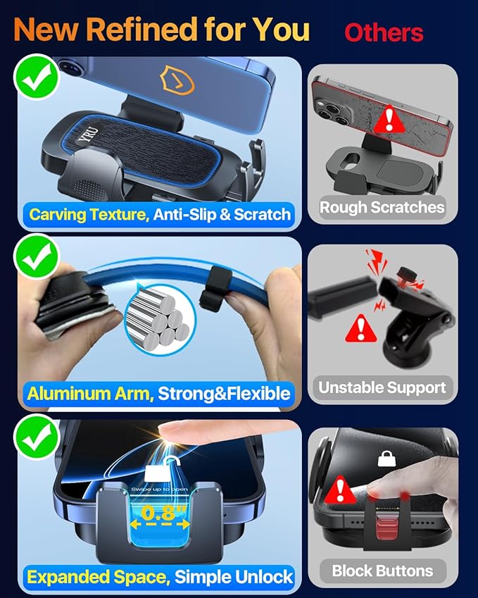 YRU [2026 Ultimate Car Phone Holder Mount [Bendable & Adjustable Aluminum Arm] Cell Phone Holder for Car Dashboard Windshield Phone Stand for iPhone 17 16 15 14 Pro Max Samsung Pickup Truck, Black