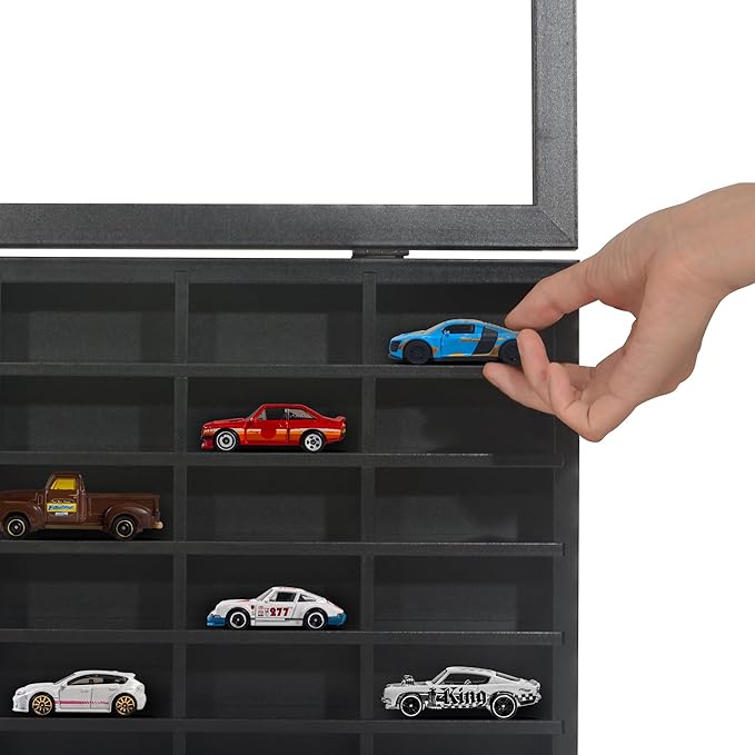 Americanflat 11x18 Toy Car Display Case - Holds up to 30 Cars - Model Car Displays with Removable Shelves and Shatter-Resistant Glass - Wall Mounted Display Cases for Collectibles - Black