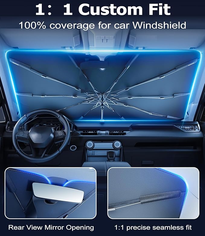 DMJN Umbrella Windshield Sun Shade for Tesla New Model Y Juniper, Y & 3, Car Sunshade for Front Windshield [Nano Ice-Crystal Coatings] UPF50+ Heat & UV Block, Protect Interior & Keep Cooler