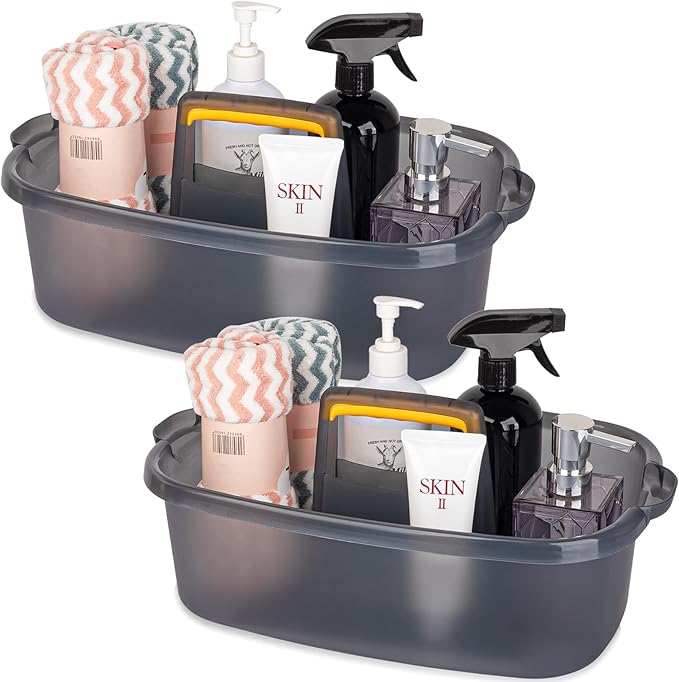 JiatuA Large Cleaning Supplies Caddy Portable Shower Basket Supply Organizer with Handle Plastic Bucket Tool Storage for Bathroom, Bedroom, Kitchen, College Dorm, Garden, Clear Grey 2 Pack