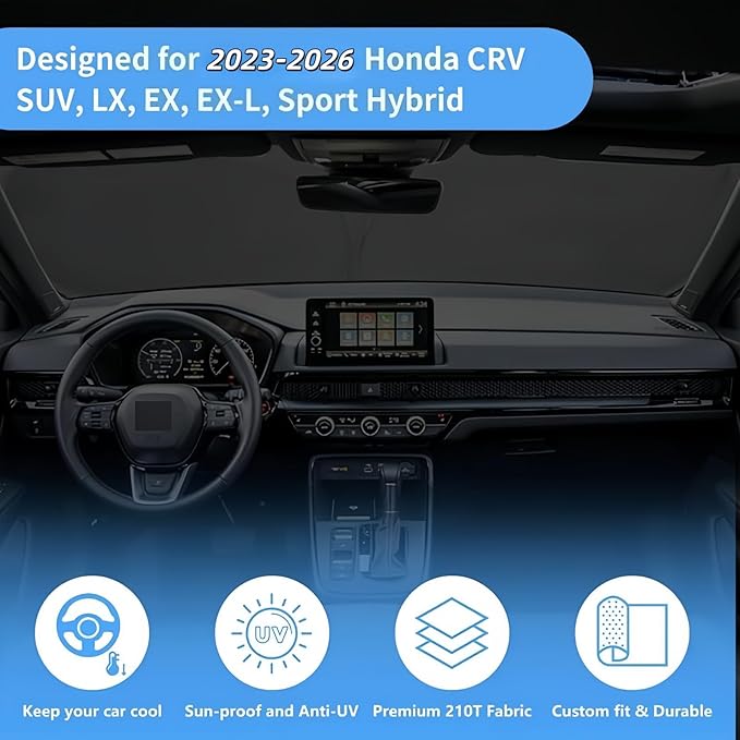 Windshield Sun Shade Front Window Sunshade for 2023 2024 2025 2026 Honda CR-V CRV SUV, LX EX EX-L Sport Hybrid, Touring Accessories Foldable SUV Sun Visor Protector Retractable Shade Blocks UV Rays