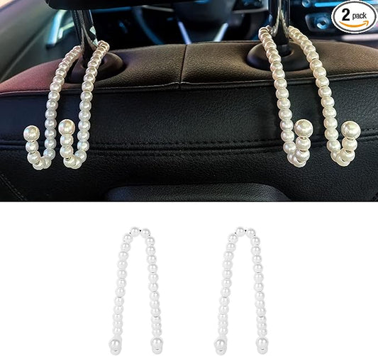 2 PCS Elegant Pearl Car Seat Headrest Hook, Cute Car Seat Hook Hanger Storage Organizer for Handbag Purse, Interior Decoration Headrest Hanger for Women (2PCS White Pearl)