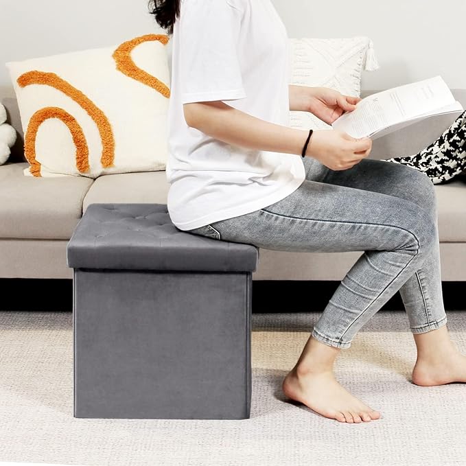 B FSOBEIIALEO Storage Ottoman Cube, Velvet Tufted Folding Ottomans with Lid, Footstool Rest Padded Seat for Bedroom (Grey, Medium)