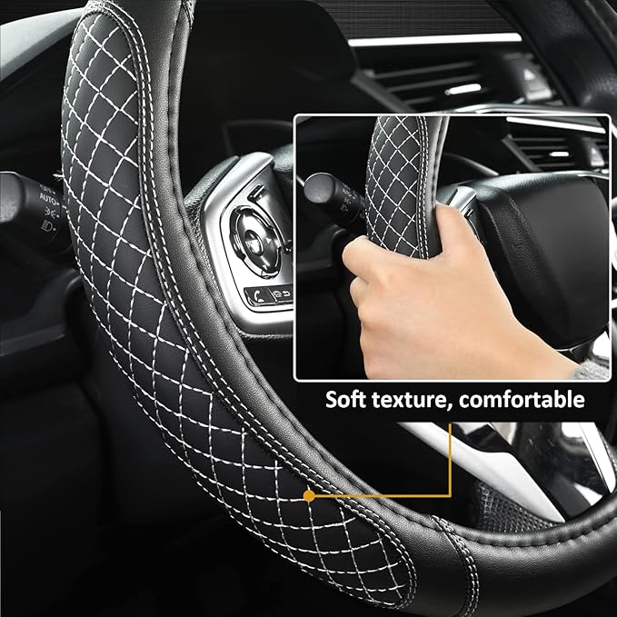 West Llama Customized Auto Car Steering Wheel Cover for Dodge 1989-2011 RAM 1500 2500 3500, Charger, Durango, Challenger(Diamond Quilted-Black+Gray-Standard Size)
