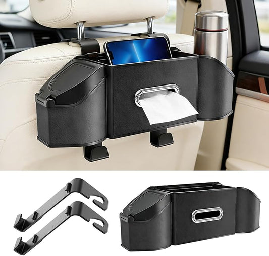 7-in-1 Multifunctional Car Seat Back Organizer, Car Back Seat Storage Box Trash Can & Cup Holder with Tissue Box, Hooks, Universal Fit for Most Cars, SUVs, Trucks (Black.)