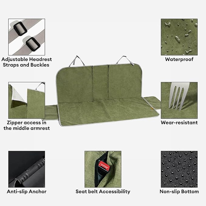 FUNNY FUZZY Dog Car Seat Cover for Front Seat, Dog Seat Cove Waterproof, Scratchproof Non-Slip Car Seat Protector, Universal Fit Most Cars, SUVs, Trucks, Green