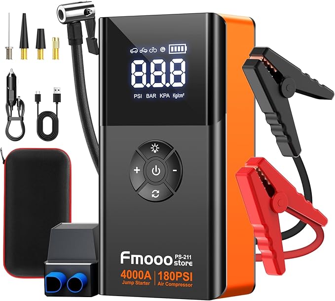 Jump Starter with Air Compressor, 4000A 180PSI, Portable Car Battery Jump Starter (All Gas/12L Diesel) 12V Automobile Jump Box Pack Chargers with Jumper Cables, 4-Mode LED Lights