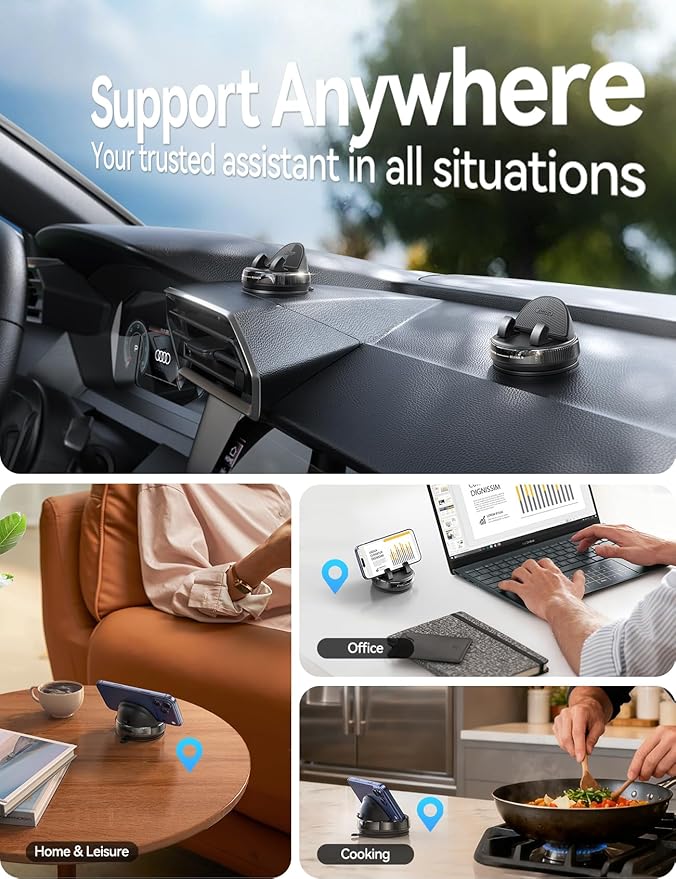 JOYROOM Car Phone Holder Mount, [360° Rotation+Thick Case Friendly] Cell Phone Car Mount with Adjustable Spring Clip, Universal Dashboard Phone Holder Anti-Slip Silicone for iPhone (Black)