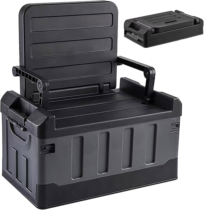 Versatile Foldable Seatable Camping Box Car Organizer Heavy Duty Storage Bins With Lids Box Trunk,Durable Plastic,60L Can Store Clothes, Toys Camping Equipment in Large Capacit (black)