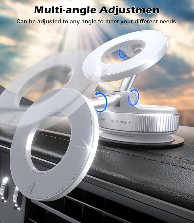 Car Phone Mount for Magsafe, 360° Adjustable Magnetic Phone Holder Foldable Suction Cup Phone Mount for Car/Gym/Mirror Mount for iPhone/Android, White