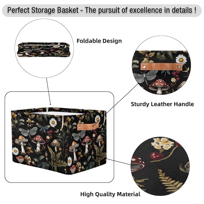 Mushrooms Daisies Storage Baskets for Organizing, Fabric Collapsible Storage Bins Box Forest Plants Decorative Toy Organizer Baskets for Closet Shelves Gift Basket 2Pcs