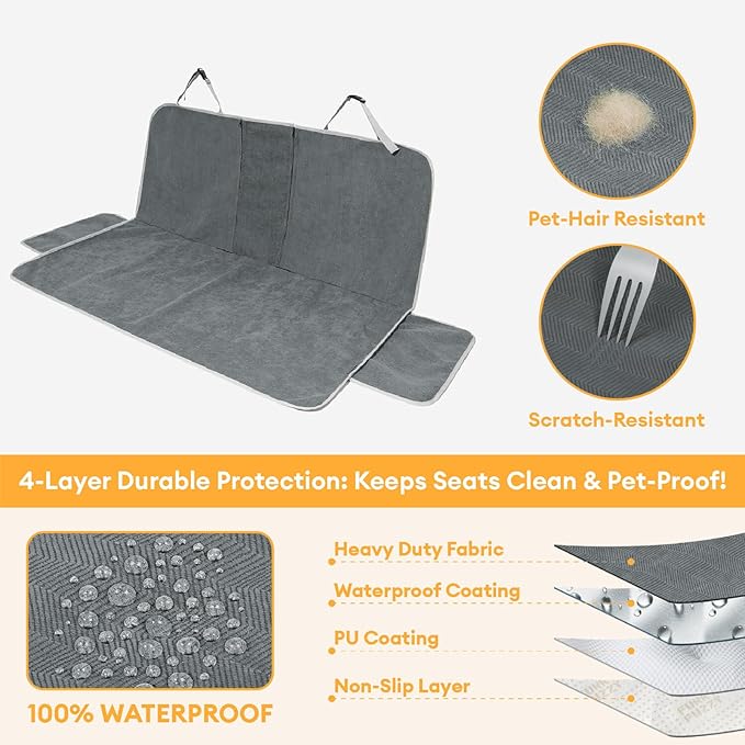 FUNNY FUZZY Dog Car Seat Cover for Back Seat, Back Seat Pet Cover for Dogs Waterproof, Scratchproof Dog Backseat Cover, Non-Slip Bench Car Seat Protector, Universal Fit Most Cars, SUVs, Trucks, Grey