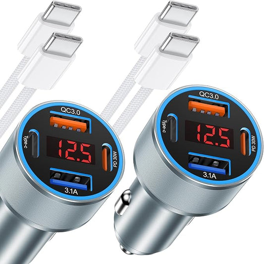 iPhone Fast Car Charger, 65W 4-Port USB C Car Phone Charger Adapter with 2x6FT USB C Cable,Multiport Cigarette Lighter USB Charger with Voltage Display for iPhone 17 16 15 Pro Max,iPad,Samsung,Android