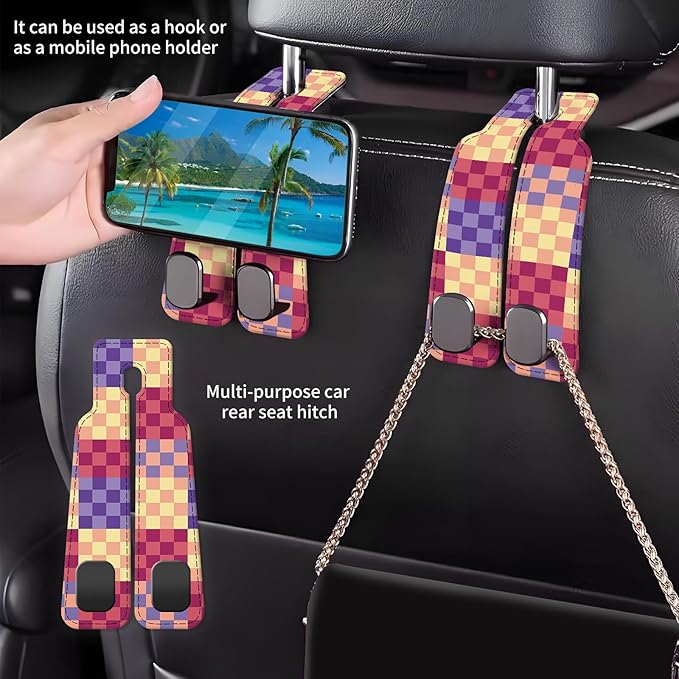 Car Seat Back Storage Headrest Hook, Premium Leather Double Metal Hook, Hanger Storage Organizer for Purse Cloth Bag, Car Interior Accessories Cute Colorful Plaid