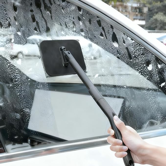 Car Windshield Cleaning Tool, Vehicle Window Glass Cleaner with 2 Reusable Microfiber Pads & Extendable Handle, Automotive Interior Windscreen Wash Kit, Universal for Most Vehicles
