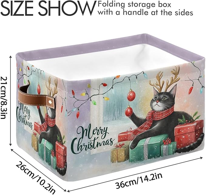 Christmas Cat Storage Basket with Waterproof Liner and PU Handles Xmas Bells Winter Kitty Snowflake Storage Bins Boxes 14.2" Collapsible Decorative Organizer Baskets for Bedroom Closet Office 1 Pack