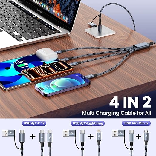 4 in 2 USB A/C to Multi Charging Cable, Travel Charger Cord for All Devices with Dual Type-C/IP/Micro, Universal Multiple Charging Cord for iPhone17-8/Android/Car/Office/Home (2Packs 5FT)