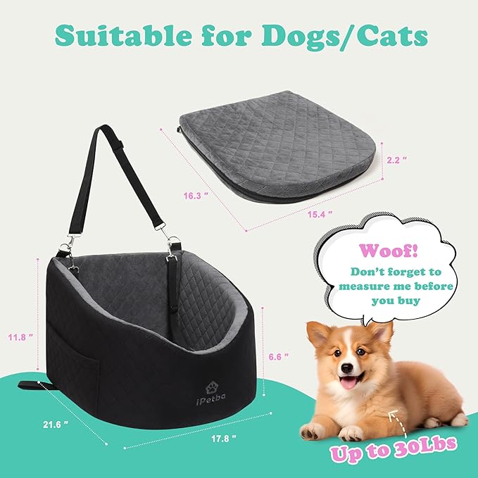 Dog Car Seat for Small & Medium Dogs - Crash-Protective, Non-Slip, Protects Car Interior, Detachable & Washable