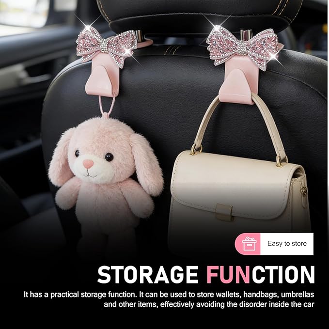 2 PCS Bling Car Seat Headrest Hooks, S Type Crystal Rhinestone Bow Vehicle Seat Back Storage Hooks for Purses Bags Groceries, Universal Diamond Car Rear Seat Organizer (Pink)