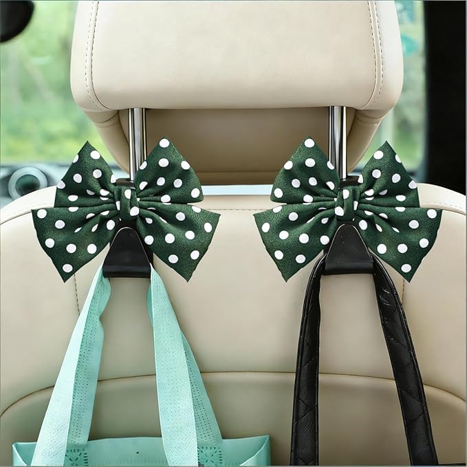 2PCS Car Seat Headrest Hooks, Cute Bow Vehicle Backseat Storage Hanger for Handbag Umbrella Coat, Automotive Seat Back Hook Holder Organizer Decor, Universal for Vehicles (Green Polka Dots)