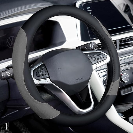 Coverado Car Steering Wheel Cover, Nappa Leather Black & Gray Steering Wheel Covers, Universal 14-15 inch, Anti-Slip, Breathable Steering Wheel Protector for Women Men
