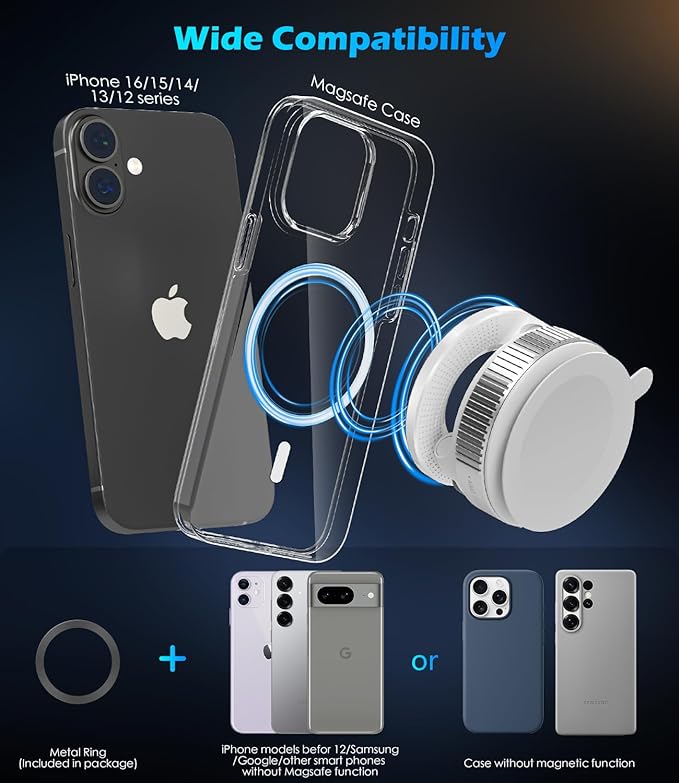 Car Phone Mount for Magsafe, 360° Adjustable Magnetic Phone Holder Foldable Suction Cup Phone Mount for Car/Gym/Mirror Mount for iPhone/Android, White