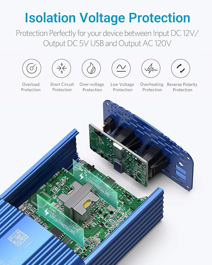 BESTEK 500W Pure Sine Wave Power Inverter DC 12V to 110V AC Car Plug Inverter Adapter Power Converter with 4.2A Dual USB Charging Ports and 2 AC Outlets Car Charger, ETL Listed, Blue