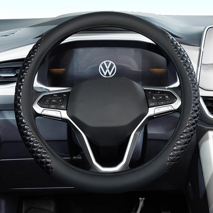 Coverado Car Steering Wheel Cover, Nappa Leather Black Steering Wheel Covers, Universal 14-15 inch, Anti-Slip, Breathable Steering Wheel Protector for Women Men