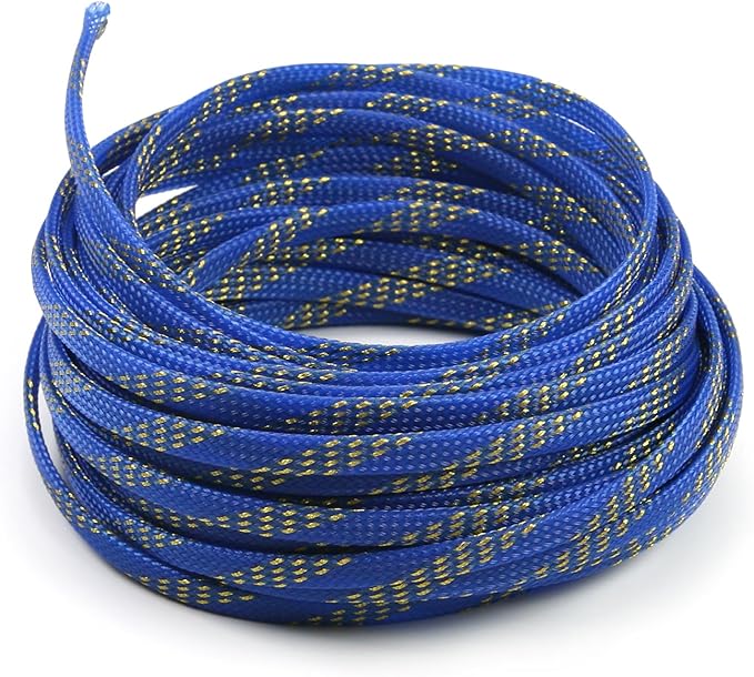 Aicosineg 32.81ft PET Flexible Braided Cable Sleeve 0.25inch Width Wire Loom Sleeving and Organizer Flexible Wire Mesh Sleeve Wrap Protector for TV Audio PC Cords from Pets Chewing Blue and Gold