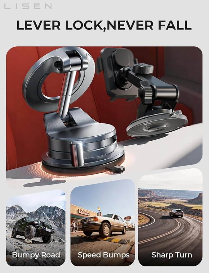 LISEN for Magsafe Car Mount, Cell Phone Holders for Your Car, Magnetic Car Accessories for Women Men Truck Jeep BMW, Vacuum Gifts Kits for iPhone 17 Pro Max 16 15 14 13 12, Samsung S26, Gold Red
