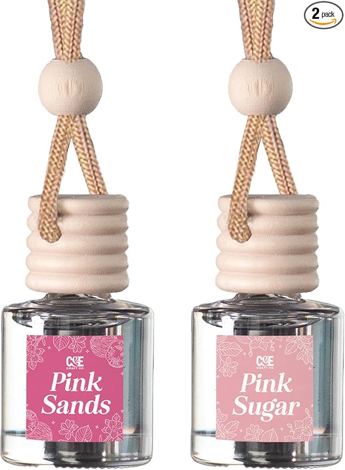 C&E Craft Co Hanging Car Air Freshener Diffuser 2 Pack, Long Lasting Fragrance Oil Car Freshener, Glass Bottle Auto Air Freshener, Made in USA (Pink Sugar + Pink Sands)