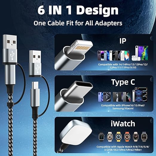 MPATIBY Travel Essentials, 3 in 2 UB A/USB C Cable for Watch Charger, Multi Phone Charging Cable/Cord for All Devices for iWatch Ultra/SE/10-1, Phone16 15 14, Android, iPads, More (2Packs 5FT)