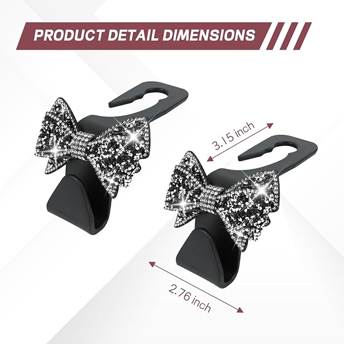 2PCS Bling Bow Car Seat Headrest Hook, Cute Bow Purse Hanger for Cars, Crystal Rhinestone Auto Seat Back Storage Hanging Hooks for Handbag Umbrella Coat Grocery Bags, Car Accessories (Black)
