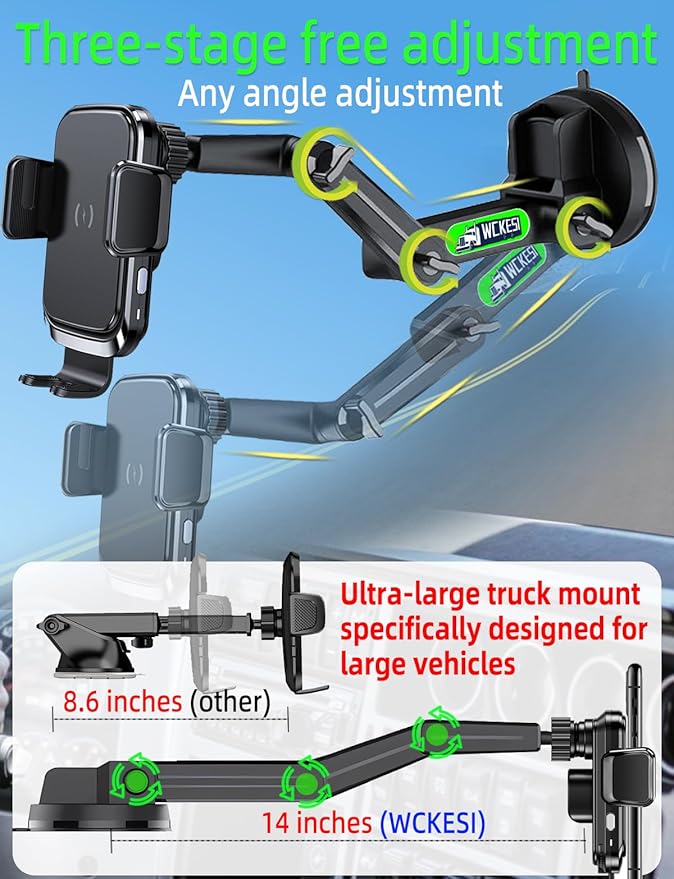 Truck Phone Holder Wireless Car Charger Mount, 15W Fast Charging Vacuum Phone Holders 14 inch Long Arm Heavy Duty Pickup Windshield and Dashboard, Trucks Accessories for iPhone Samsung LG