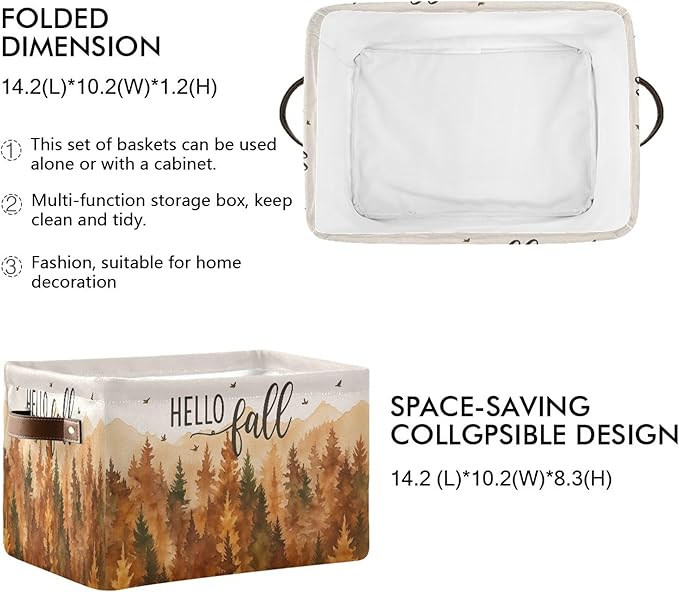Wamika Hello Fall Forest Storage Basket with Waterproof Liner and PU Handles Maple Leaves Pine Tree Storage Bins Boxes 14.2" Collapsible Decorative Organizer Baskets for Bedroom Closet Office 1 Pack