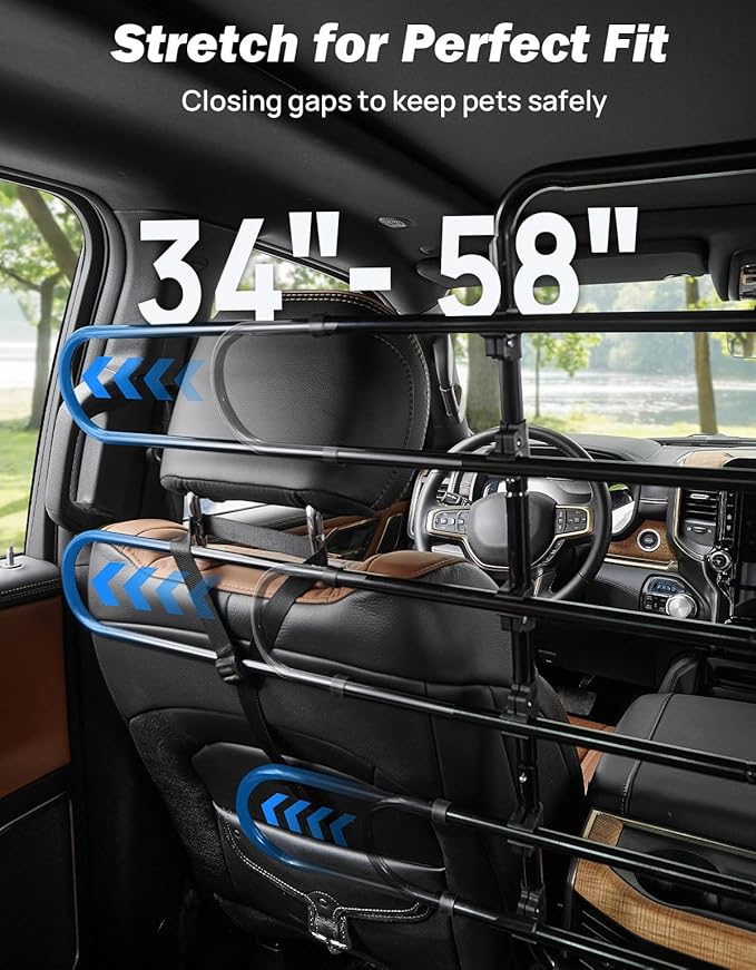 JOYTUTUS Dog Car Barrier, Pet Barrier Follow the Seat Movement 34"- 58" Width Adjustable SUV Dog Barrier for Back Seat, Vehicle Gate Heavy Duty, Ideal for Sedans SUVs Trucks MPVs