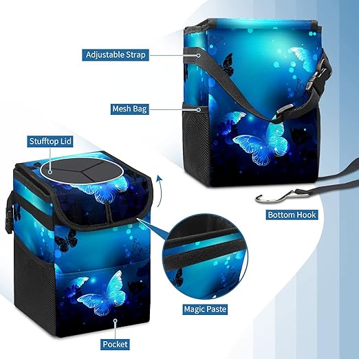 Blue Butterfly Glowing Car Trash Can with Lid Collapsible Reusable Waterproof Car Garage Bag,Automotive Garbage Can,Car Accessories Interior Car Organizer