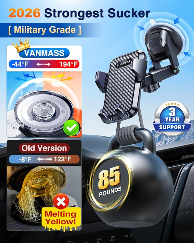 VANMASS【85+LBS Strongest Suction & Military-Grade 2026 Ultimate Car Phone Mount【Patent & Safety Certs】 Cell Phone Holder Truck for Dash Windshield Vent for iPhone 17 Pro Max Automobile Accessory Kits