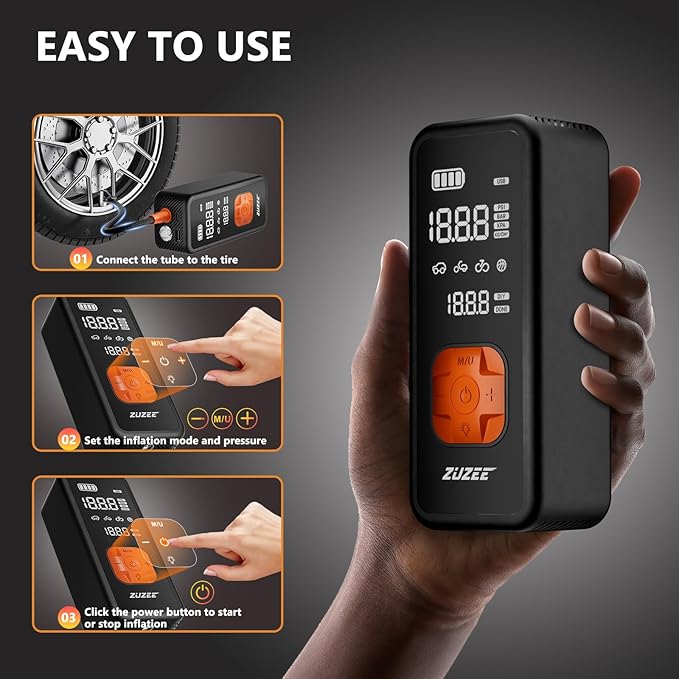 ZUZEE Tire Inflator Portable Air Compressor - 4X Faster Inflation, 150PSI Air Pump for Car Tires with Digital Pressure Gauge/LED Light, Portable Tire Inflator for Car, Moto, Bike, Ball, etc