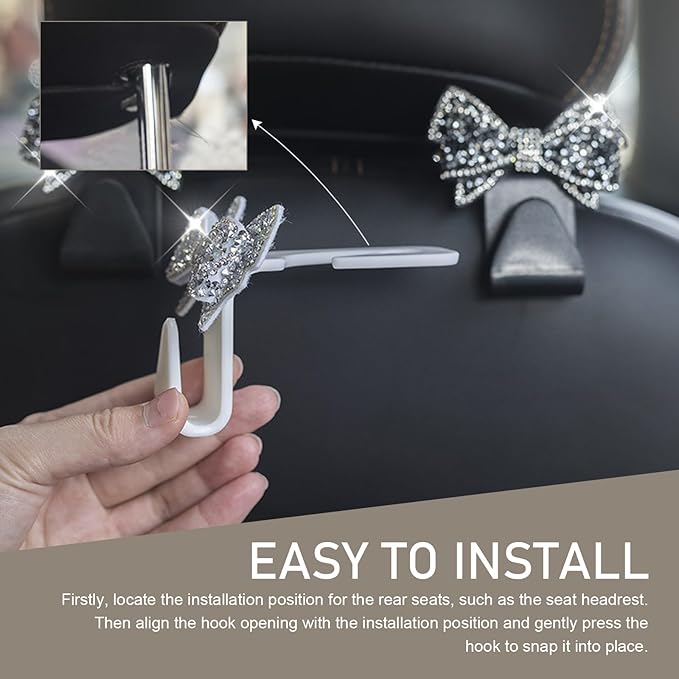 2 PCS Bling Car Seat Headrest Hooks, S Type Crystal Rhinestone Bow Vehicle Seat Back Storage Hooks for Purses Bags Groceries, Universal Diamond Car Rear Seat Organizer (White)