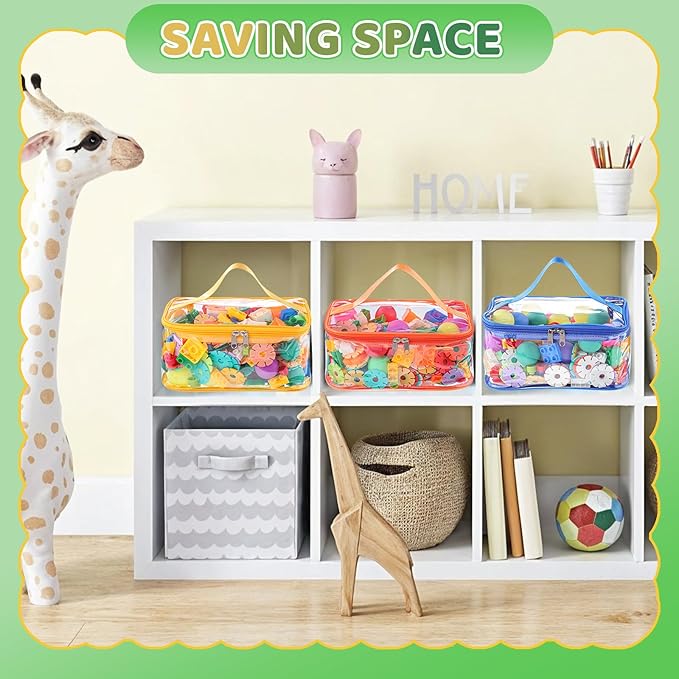 4 Packs Clear Toy Storage Bags, Colorful PVC Waterproof Toy Organizer with Zip Reusable Bags for Building Blocks, Board Game, Puzzles, Kids Books, Stationery