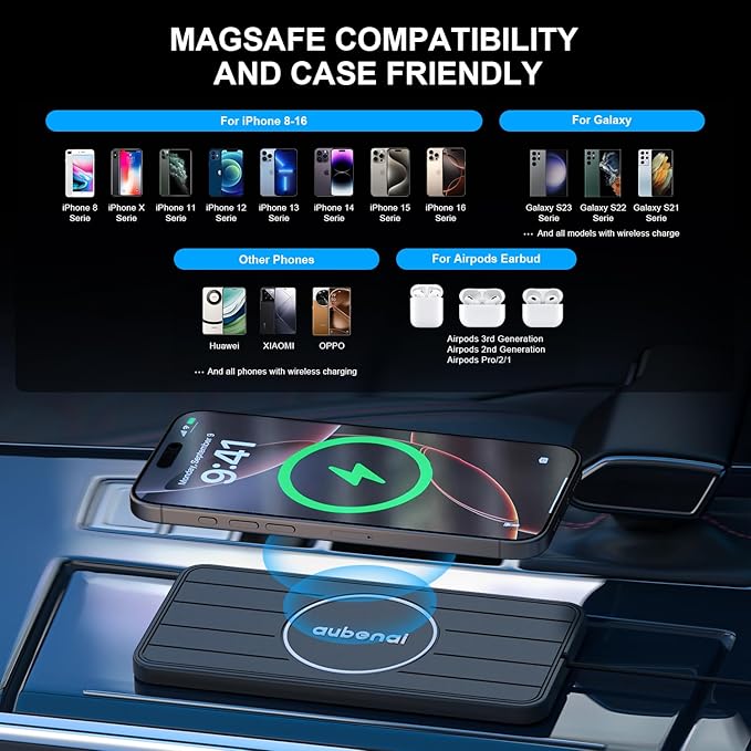 Wireless Car Charger Pad, 15W Fast Charging Pad with 70cm Extension Cable, Non Slip Car Wireless Phone Charger Mat Compatible with iPhone 16/15/14/13, AirPods, Samsung S25 S24(Extension USB-A)