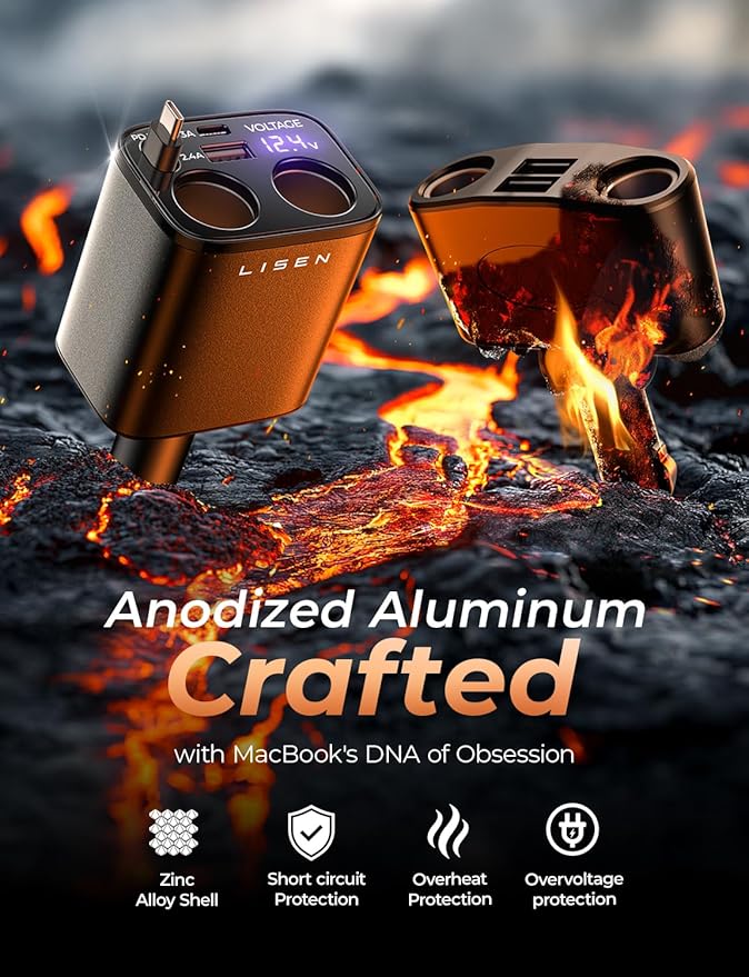 LISEN Car Cigarette Lighter Splitter, Metal 90W Dual Cigarette Lighter Adapter Metal with PD30W Retractable Car Charger, LED Voltage12V/24V Car Charger Splitter for iPhone 16, GPS, DashCam