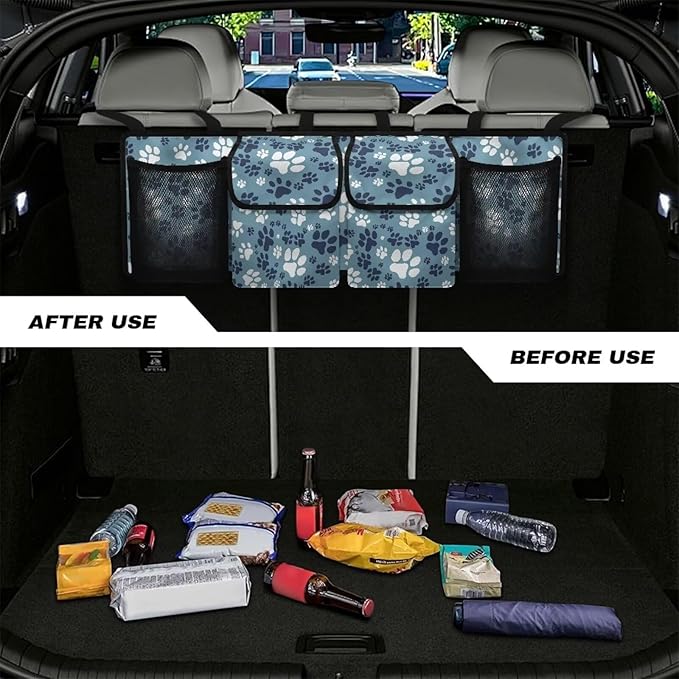Funny Dog Paw Prints Car Trunk Organizer, Hanging Car Back Seat Storage Bag with 4 Pockets, Universal Automotive Interior Accessories, Keep Your Trunk Tidy
