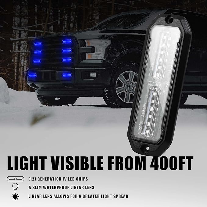 WINECO 8pcs 12 LED Surface Mount Strobe Lights, Firefighter Blue Grill Grille Emergency Warning Flashing Cop Lights Police Light Assemblies for Trucks Vehicles