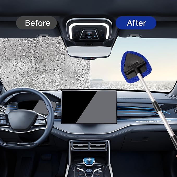 Qydipclin 10pcs Windshield Cleaning Tool Inside Car Window Cleaner Wash Kit with 4 Reusable Microfiber Pads 1 Spray Bottle and Extendable Handle Interior Auto Glass Wiper Kit, Blue&Gray